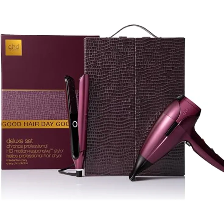 ghd Limited Edition Deluxe Geschenkset Cherry Chic, Glätteisen & Haartrockner mit HD-Motion Responsive Technologie im exklusiven Vanity Case, kirschrot