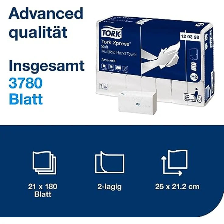 Tork Papierhandtücher Xpress Advanced, 120398, H2, 2-lagig, Interfold-Falz, 21,2 x 25,5cm, 3780 Stück – Bild 2