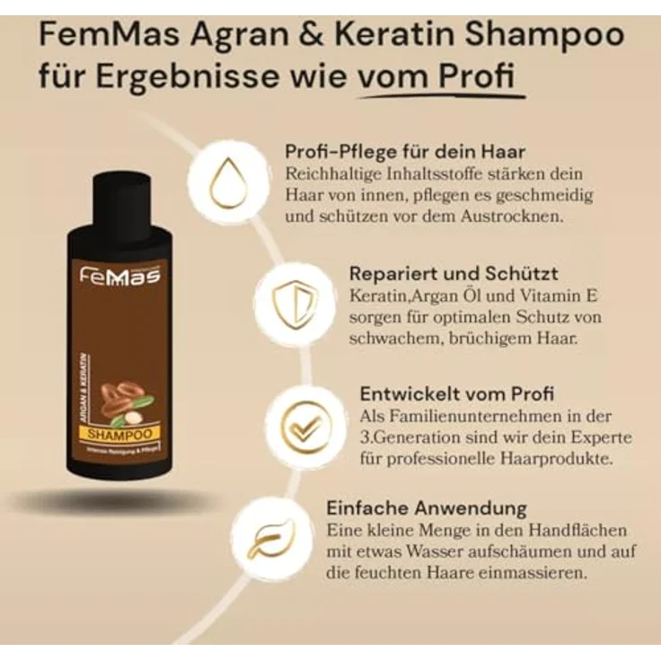 FemMas Argan & Keratin Shampoo + Argan & Keratin Haarmaske 300ml - regenerierend, nährend, Anti-Spliss - alle Haartypen – Bild 2