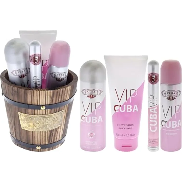 Cuba Cuba Vip, 4-teiliges Geschenkset für Damen, 180 ml EDP-Spray, 300 ml Eau de Parfum, 170 g Body Lotion, aromatischer Duft mit schwarzem Pfeffer und Zitrone