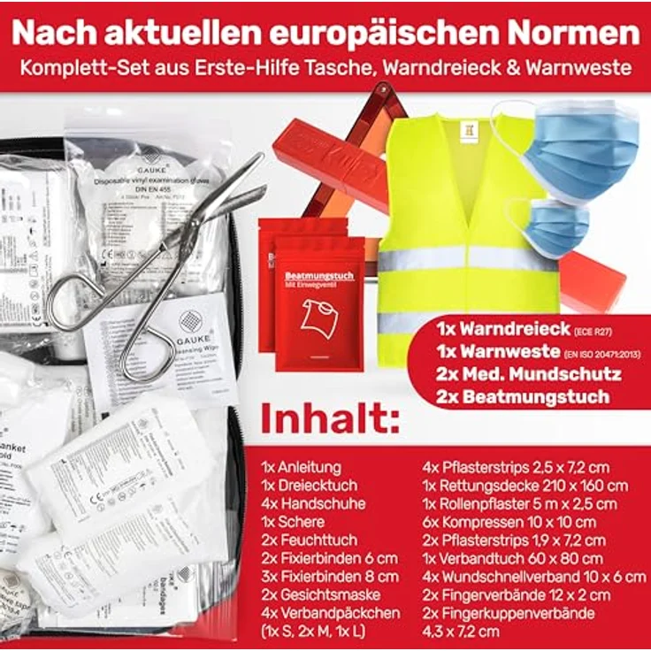 HELDENWERK Erste Hilfe Set Auto 3in1 Norm 2026, Verbandskasten mit Warndreieck und reflektierender Warnweste, ECE-konform, staubgeschützt und steril verpackt – Bild 2
