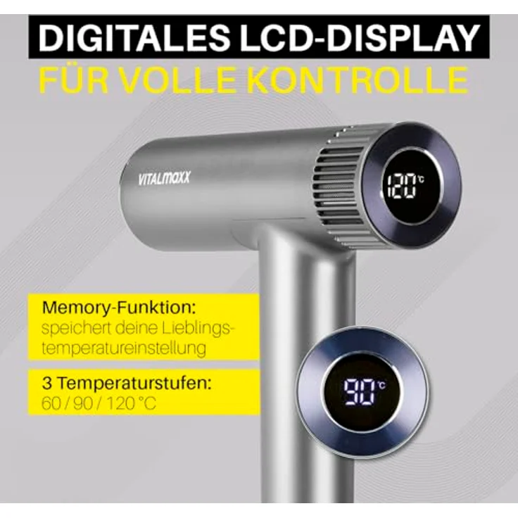 VITALmaxx STYLE & SHINE Slim Hairdryer, Ionen Föhn mit BLDC-Motor, 1500W, 3 Temperaturstufen, 2 Geschwindigkeiten, 2 Aufsätze und digitales Display, extra leise – Bild 3