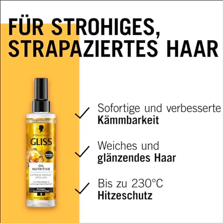 Gliss Express-Repair-Spülung Oil Nutritive (200 ml), Haarspülung mit Hitzeschutz bis 230 °C, nährt strohiges, strapaziertes Haar – Bild 4