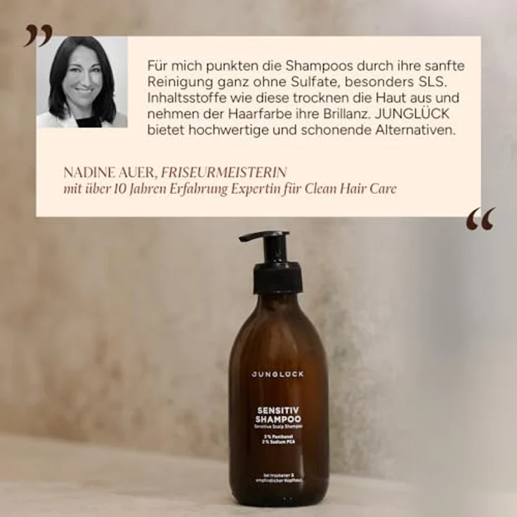 junglück JUNGLÜCK Sensitiv Shampoo 250ml - Vegan, Duftneutral, Ohne Sulfate & Silikone mit BIO Aloe Vera, BIO Mandelöl und Panthenol - Beruhigt die Kopfhaut und reinigt schonend – Bild 2