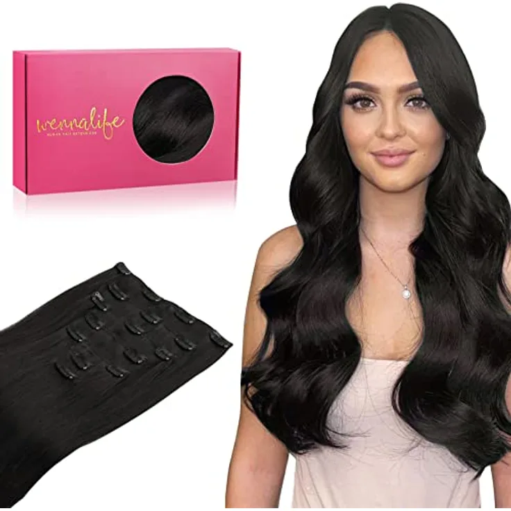 WENNALIFE Clip in Extensions Echthaar, 60cm 120g 7pcs, Natürliches Schwarz, Remy Haarverlängerung mit leichten Clips