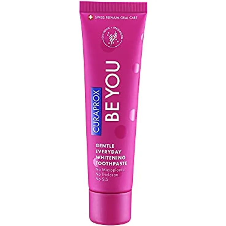 Curaprox Be You Gin Tonic Whitening-Zahnpasta mit Geschmack von Gin Tonic und Kaki, mit Menthol, vegan, 950 ppm Fluorid, RDA 50, rot, 60 ml