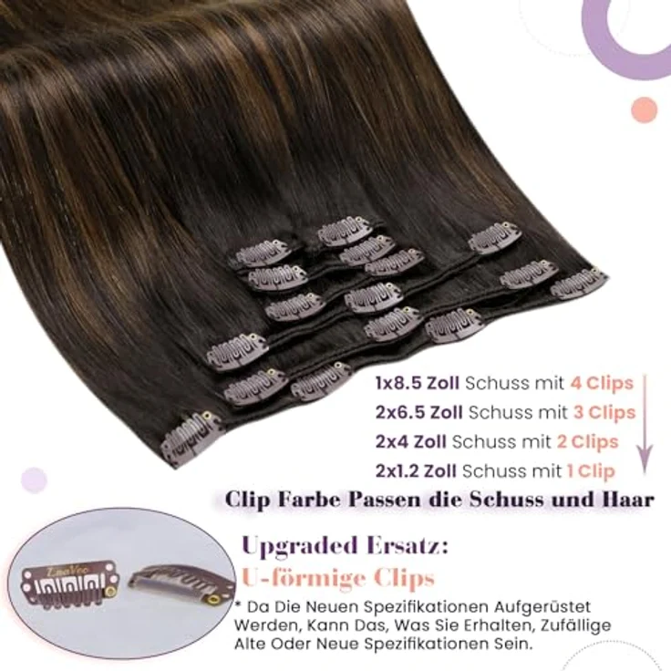 LaaVoo Clip in Extensions Echthaar #2/8/2, Doppelt Tressen Haarverlängerung 105g 50cm in Braun mit Hellbraun Balayage und Ombre – Bild 2