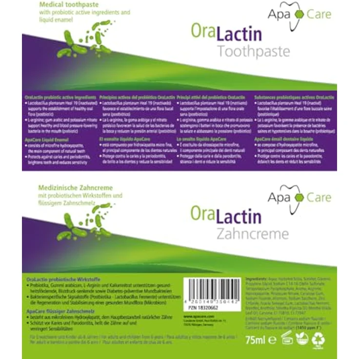 OraLactin ApaCare Remineralisierende Zahncreme mit probiotischer Wirkung | flüssiger Zahnschmelz, L-Arginin | 3 x 75ml – Bild 2