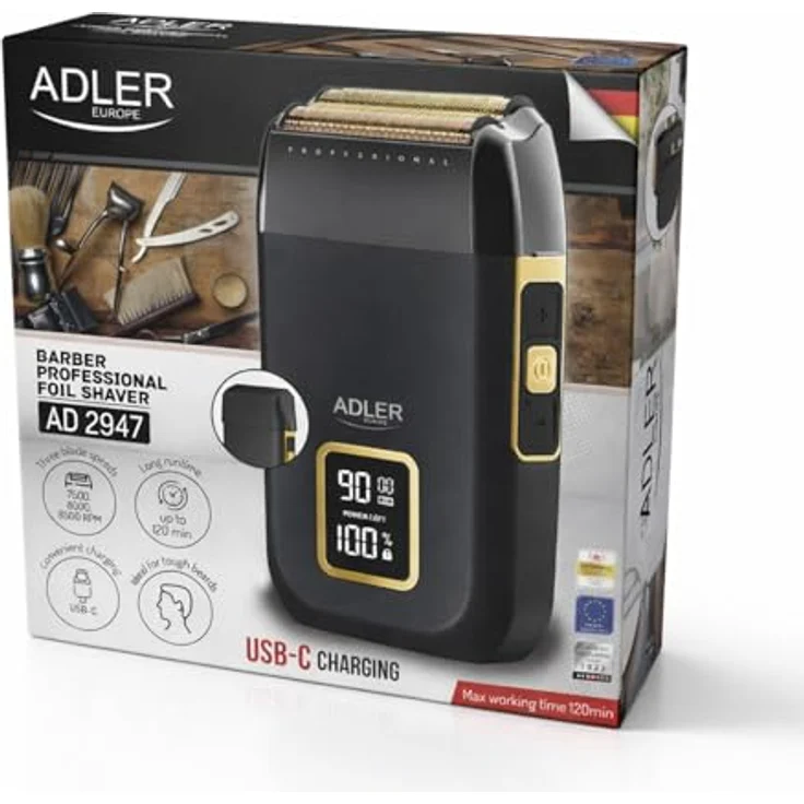 ADLER EUROPE Elektrorasierer AD 2947, Profi-Folienrasierer mit 3 Stufen, LCD-Display, USB-C, Dual-Doppelkopf, Gold/Schwarz, inkl. Reinigungsbürste und Klingenschutz – Bild 8