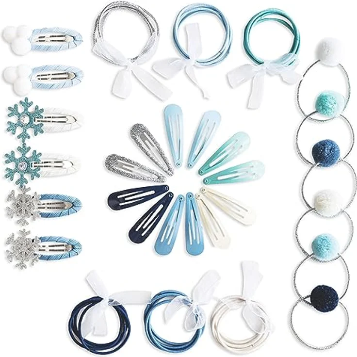 Papierdrachen Haarschmuck *Schneeprinzessin*, 48 Haarspangen und Haargummis mit Glitzer und Stoffbezug, langlebig und robust, für lange und feine Haare – Bild 1