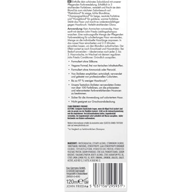 John Frieda Salon Blonde Champagnerblond, Farbveredelung ohne Ammoniak und Peroxid, 120 ml, für strahlenden Glanz und widerstandsfähiges Haar – Bild 2