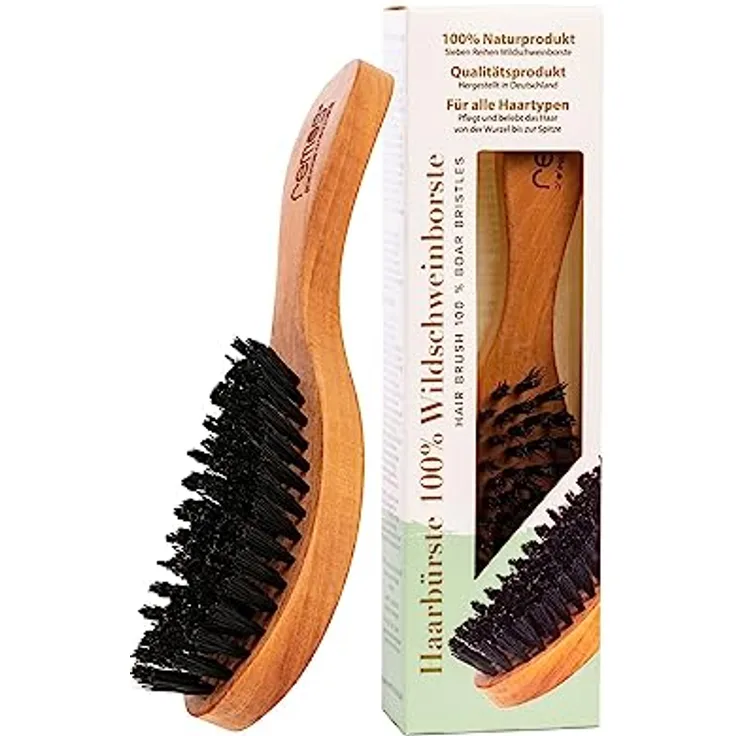 REMOS Haarbürste mit 100% Wildschweinborste, Birnbaumholz, ergonomischer Griff, plastikfrei, 22.5 x 5.8 x 3.5 cm