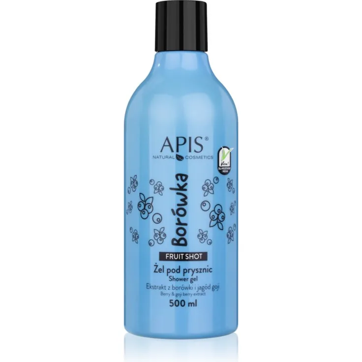 Apis Natural Cosmetics Fruit Shot Blueberry Duschgel, 500 ml, feuchtigkeitsspendend mit Hyaluronsäure und angenehmem Duft