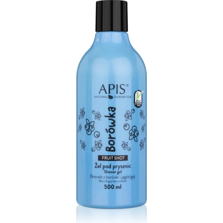 Apis Natural Cosmetics Fruit Shot Blueberry Duschgel, 500 ml, feuchtigkeitsspendend mit Hyaluronsäure und angenehmem Duft