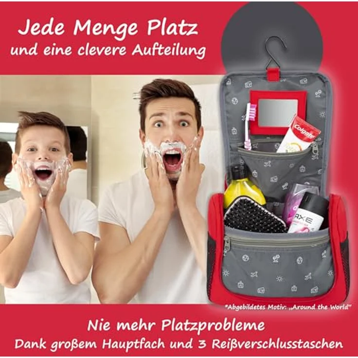 GRINSEZWERGE Kinder Kulturtasche, Reise Kulturbeutel zum Aufhängen mit 3 Reißverschluss- und 4 Netztaschen, Premium Qualität, inklusive abnehmbarem Spiegel und Namensschild – Bild 3