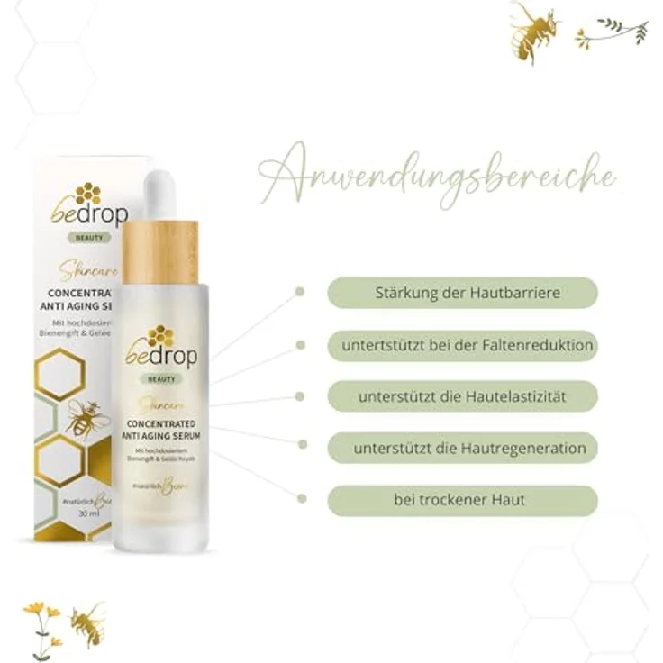 bedrop Concentrated Anti Aging Serum mit straffendem Bienengift, Gelée Royal, Hyaluron & Acetylglucosamin hochdosiert - Reine Imker Qualität - Augenpflege, natürliche Hautpflege aus dem Bienenstock - 30ml – Bild 4