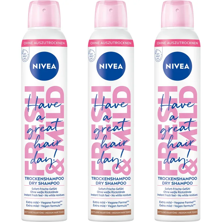 NIVEA Trockenshampoo Fresh & Mild, für mittlere Haartöne, 3 x 200ml, biologisch abbaubar und vegan