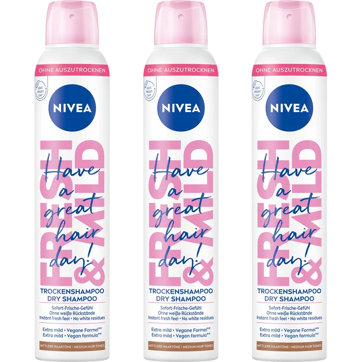 NIVEA Trockenshampoo Fresh & Mild, für mittlere Haartöne, 3 x 200ml, biologisch abbaubar und vegan