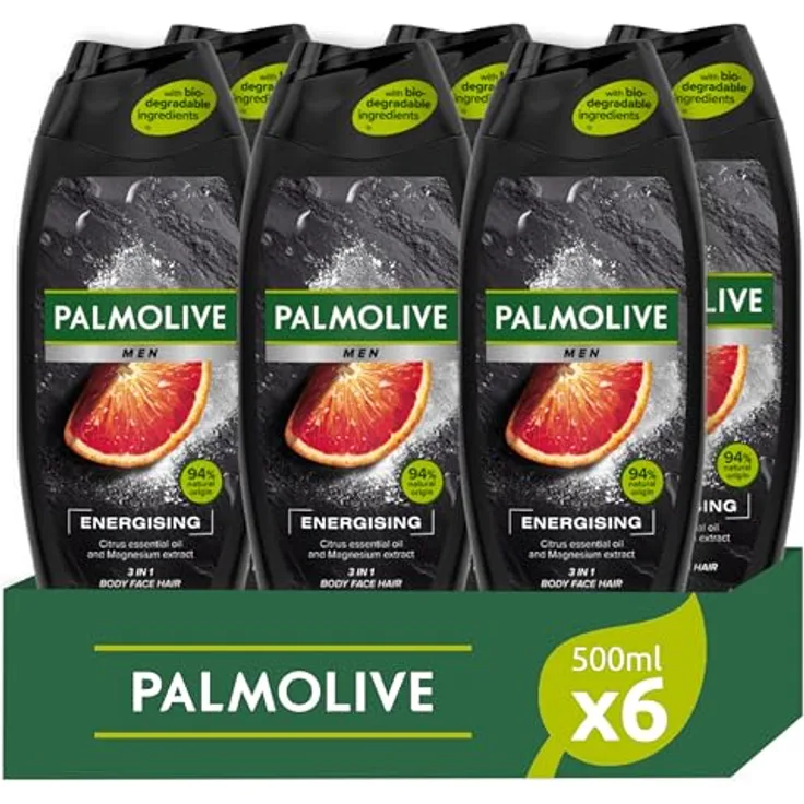 Palmolive Men Energizing 3 in 1, Duschgel mit ätherischem Zitronenöl und Magnesium-Extrakt, 500 ml für Körper, Gesicht und Haare