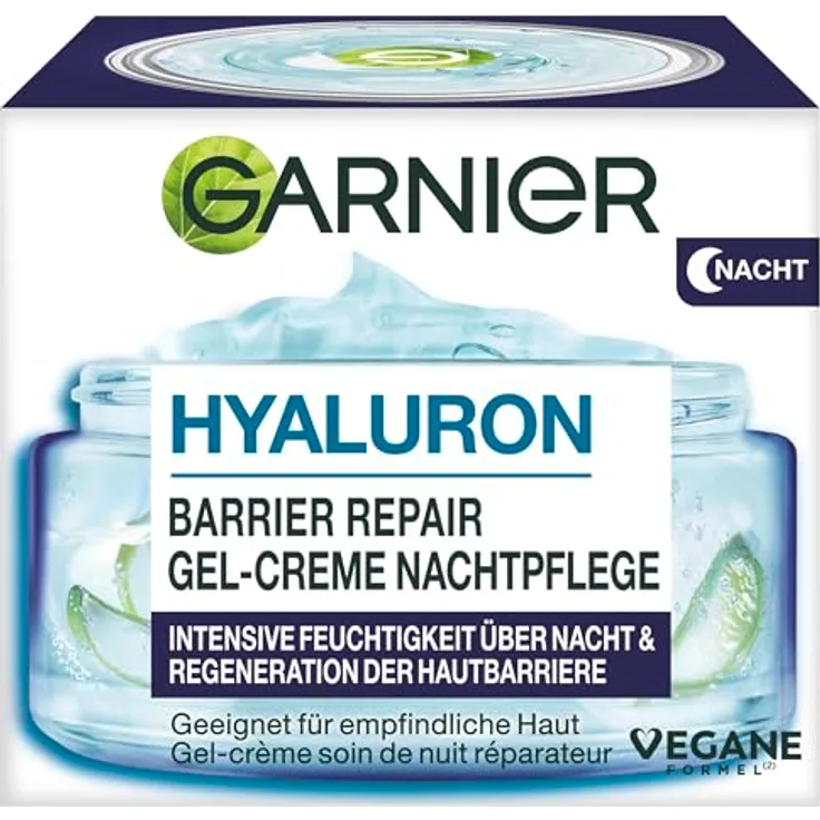Garnier Hyaluron Barrier Repair Gel-Creme Nachtpflege, 50 ml, intensive Feuchtigkeit für empfindliche Haut, mit Glycerin, Hyaluronsäure und Arganöl