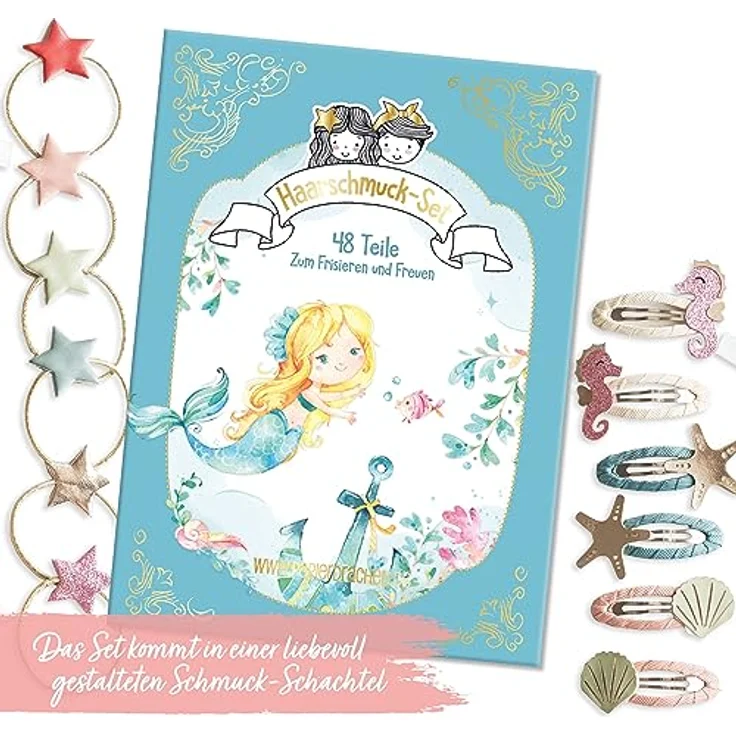 Papierdrachen Haarspangen und Haargummis Set, 48-teilig, mit Glitzer und Stoffbezug, Meerjungfrau-Design, langlebig und robust, für lange und feine Haare – Bild 2