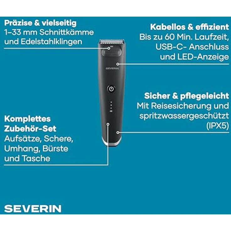 Severin HS0708 Haarschneider, Akku/Batteriebetrieb, 1-33 mm Schnittlängen, 6 Watt, Versandkostenfrei – Bild 2