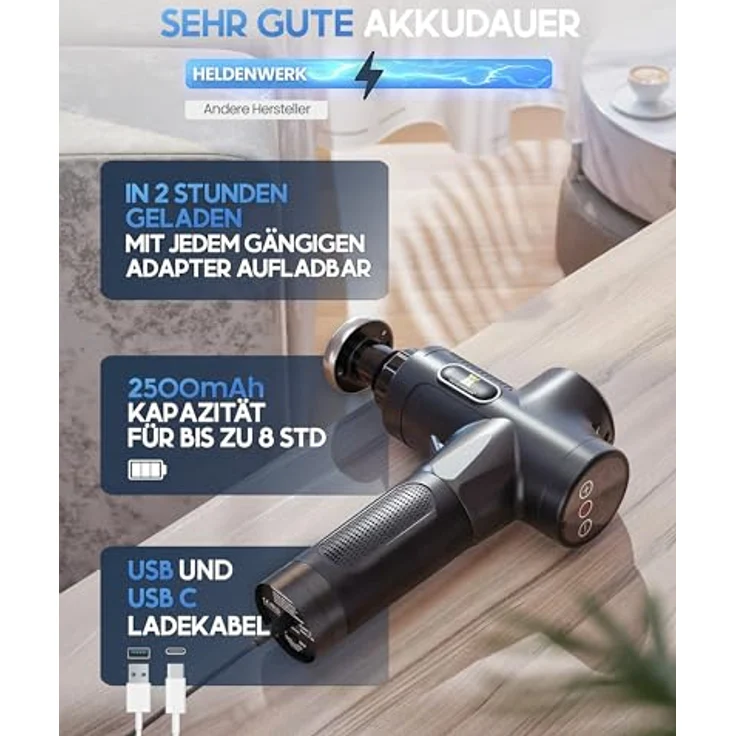 HELDENWERK Massagepistole mit 7 Massageköpfen, 30 Geschwindigkeiten und Hitzekopf, USB-C Anschluss, kompakt und leise – Bild 2