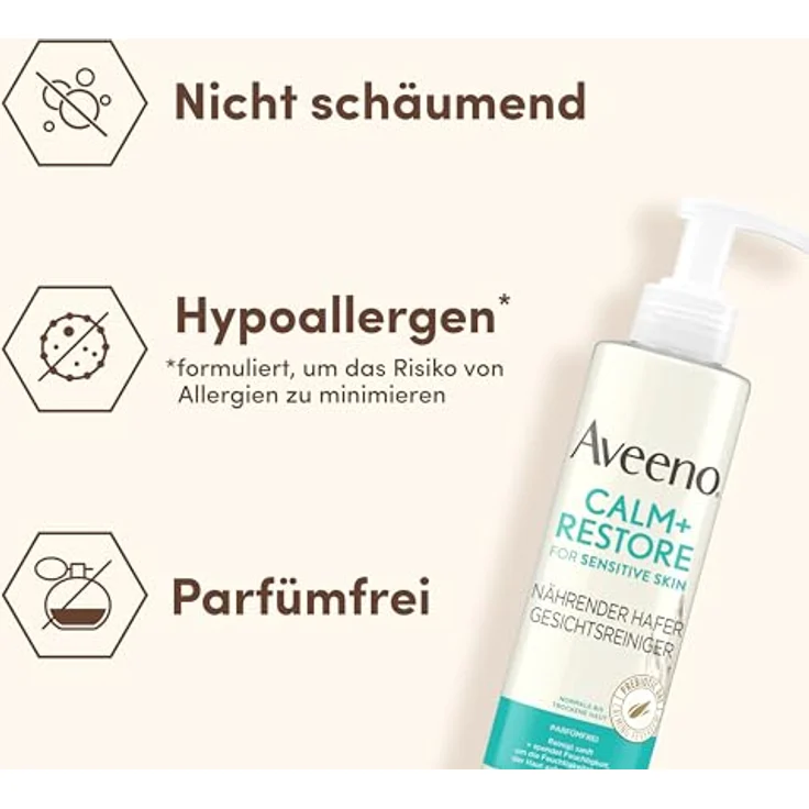 Aveeno CALM+RESTORE nährender Hafer Gesichtsreiniger (200 ml), parfümfreie & sanfte Gesichtsreinigung für empfindliche Haut mit präbiotischem Hafer & beruhigendem Mutterkraut, hypoallergen & frei von Duftstoffen – Bild 5