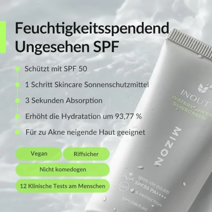 MIZON INOUT WATERY SHEER SUNSCREEN SPF50 PA++++, 50 ml, ultra feuchtigkeitsspendend, 24-Stunden-Sonnenschutz, geeignet für Akne/empfindliche Haut, 100% vegan – Bild 2