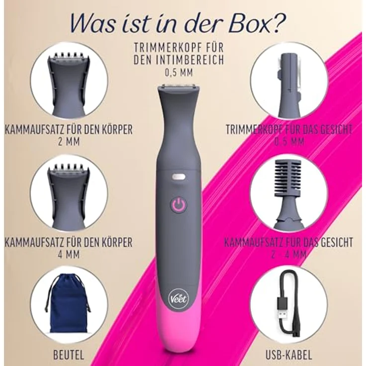 Veet Haartrimmer Damen Expert Intimate All In One Trimmer, präzise Intimpflege und Gesichtshaarentfernung, ergonomisches Design, wasserdicht, umfangreiches Zubehör – Bild 6