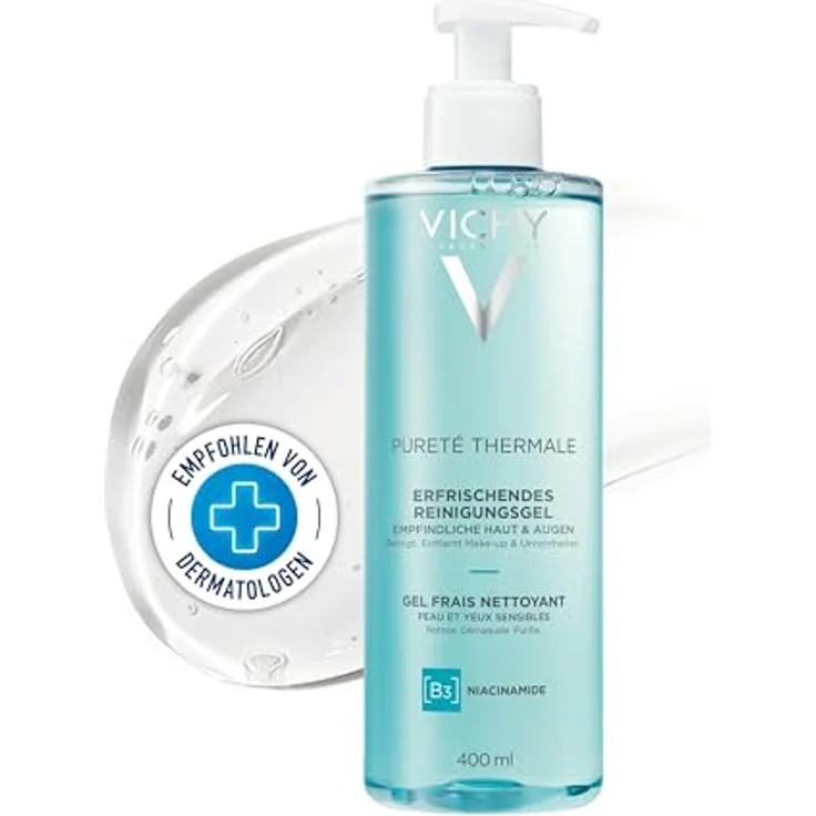 VICHY Pureté Thermale Erfrischendes Reinigungsgel, Langanhaltende Feuchtigkeitsversorgung, Make-Up-Entferner und Gesichtsreiniger, 400 ml, mit Glycerin und Vulkanwasser