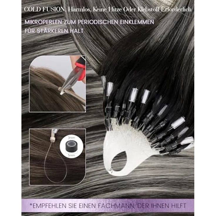 LaaVoo Microring Extensions Echthaar Micro Loop Ombre Silber, 50g Balayage Extensions mit ultrakleinen Perlen, wiederverwendbar und hitzestylingfähig – Bild 3