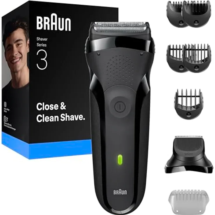 Braun Elektrorasierer Serie 3 300BT, 3 flexible Klingen, Bartschneider-Aufsatz, +5 Kämme, Trockenrasierer für Männer, Grau