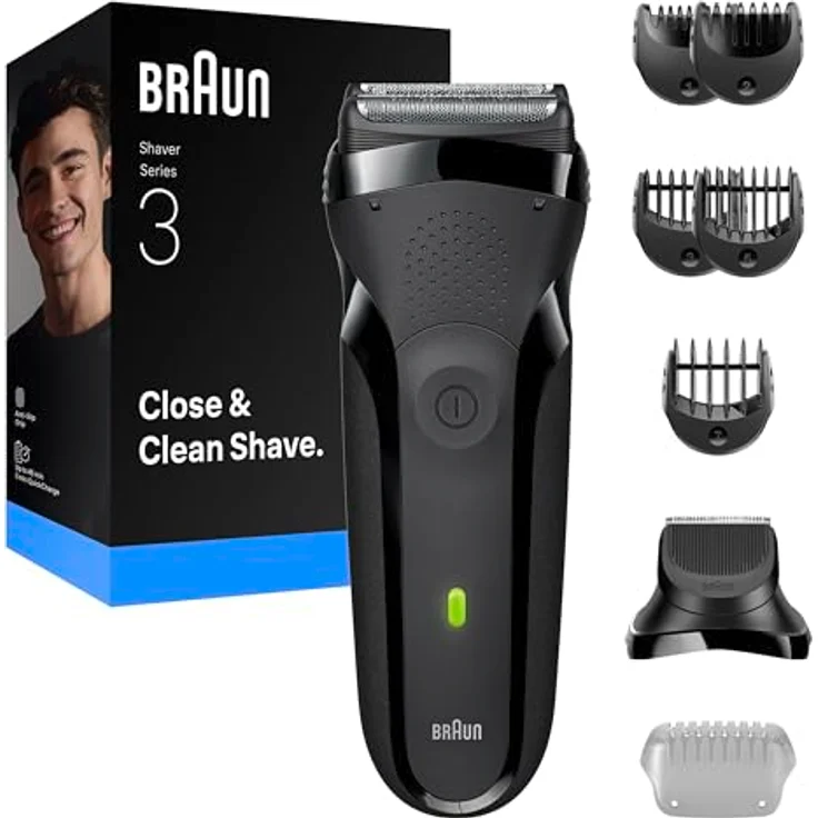 Braun Elektrorasierer Serie 3 300BT, 3 flexible Klingen, Bartschneider-Aufsatz, +5 Kämme, Trockenrasierer für Männer, Grau – Bild 1