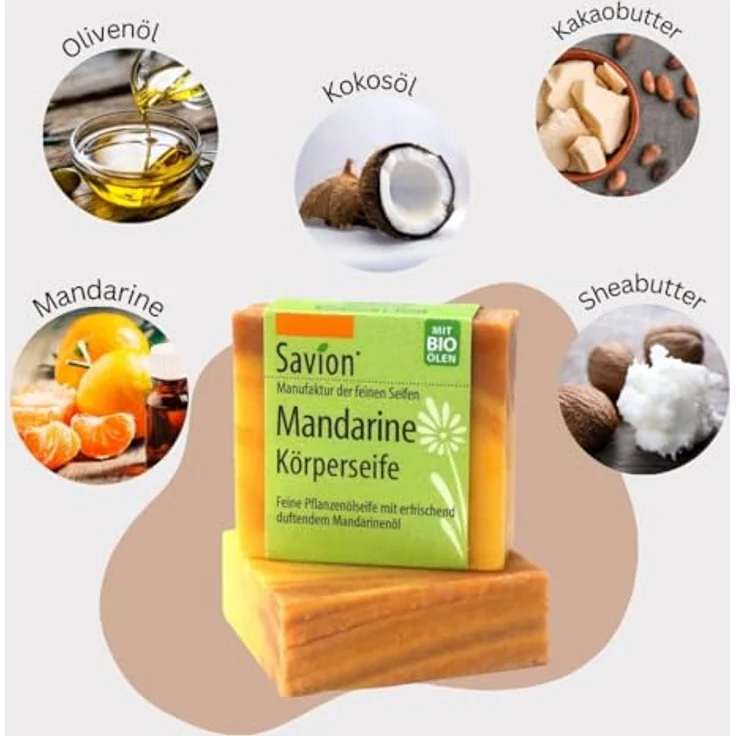 Savion Mandarine Körperseife, mit Mandarinenöl, Vegan, Palmölfrei, Tierversuchsfrei, 80g – Bild 2