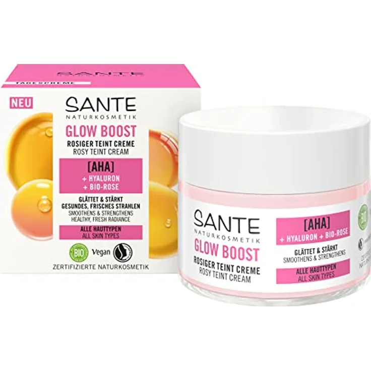 SANTE Glow Boost Teint Creme AHA Hyaluron & Bio-Rose, feuchtigkeitsspendende Gesichtscreme, 50 ml