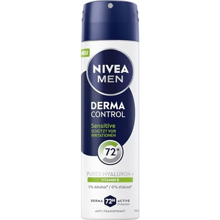 NIVEA MEN Derma Control Sensitive Deo Spray, Anti-Transpirant mit purem Hyaluron, 72h Schutz, ohne Ethylalkohol, 150 ml – Bild 1