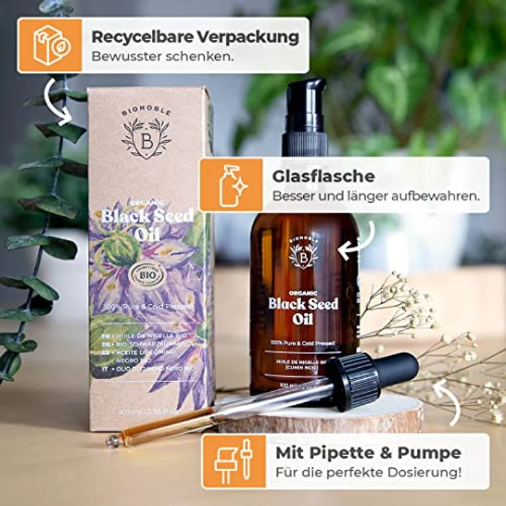 Bionoble Schwarzkümmelöl Bio 100ml - Glasflasche + Pipette + Pumpe - 100% Kaltgepresst und Ungefiltert - Gesicht, Körper, Haare - Ägyptisches Schwarzkümmel Öl - Vegan Organic Black Seed Oil – Bild 4