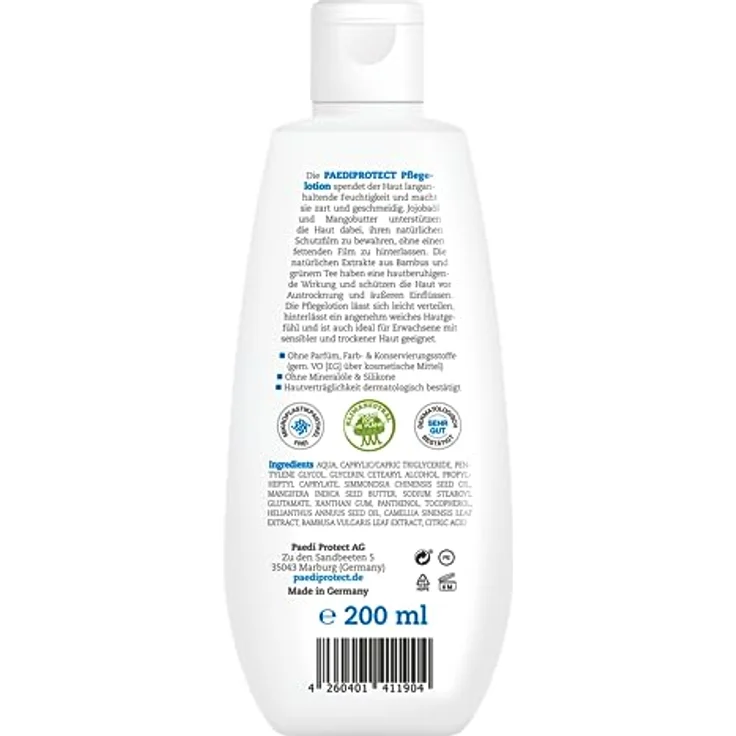 PAEDIPROTECT Pflegelotion Babys & Kinder 200 ml, Pflegelotion mit Panthenol, Feuchtigkeitspflege mit Jojobaöl & Mangobutter, für empfindliche und trockene Baby- und Kinderhaut, vegane Lotion – Bild 4