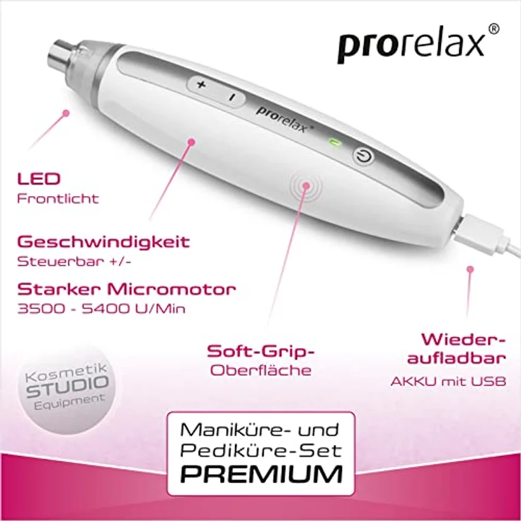 prorelax Maniküre- / Pediküre-Set | Damen/Herren | Professionelles Hand- und Fußpflege-Set mit Akku für Zuhause und unterwegs | 10 hochwertige Aufsätze aus chirurgischem Stahl | Mit LED-Licht – Bild 5