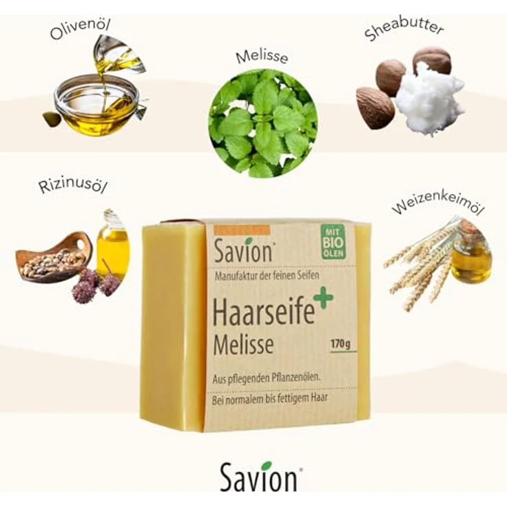Savion Melisse Plus Haarseife, für normales bis fettiges Haar, vegan, palmölfrei, 170g, mit bio-Ölen – Bild 3