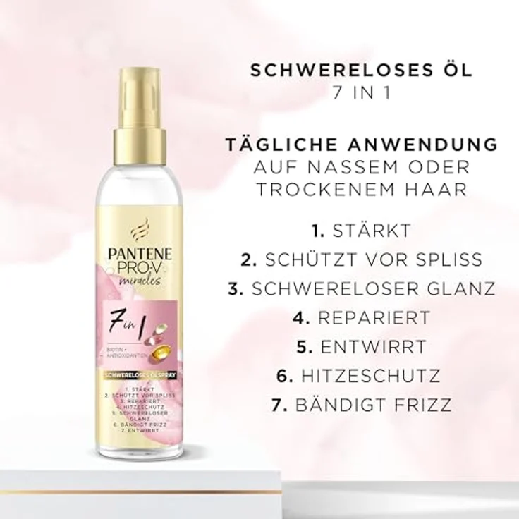 Pantene Pro-V 7in1 Schwerelöses Ölspray mit Biotin 145ml. Pro-V Miracles Haarölspray Hilft, das Haar gegen Stylingschäden zu Stärken und Schützt vor Spliss. Bändigt Frizz und Duftet Erfrischend – Bild 3
