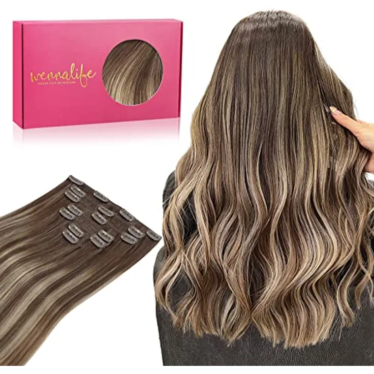 WENNALIFE Clip in Extensions Echthaar, 35cm 120g 7pcs Balayage Schokoladenbraun bis Honigblond, Remy Haarverlängerung