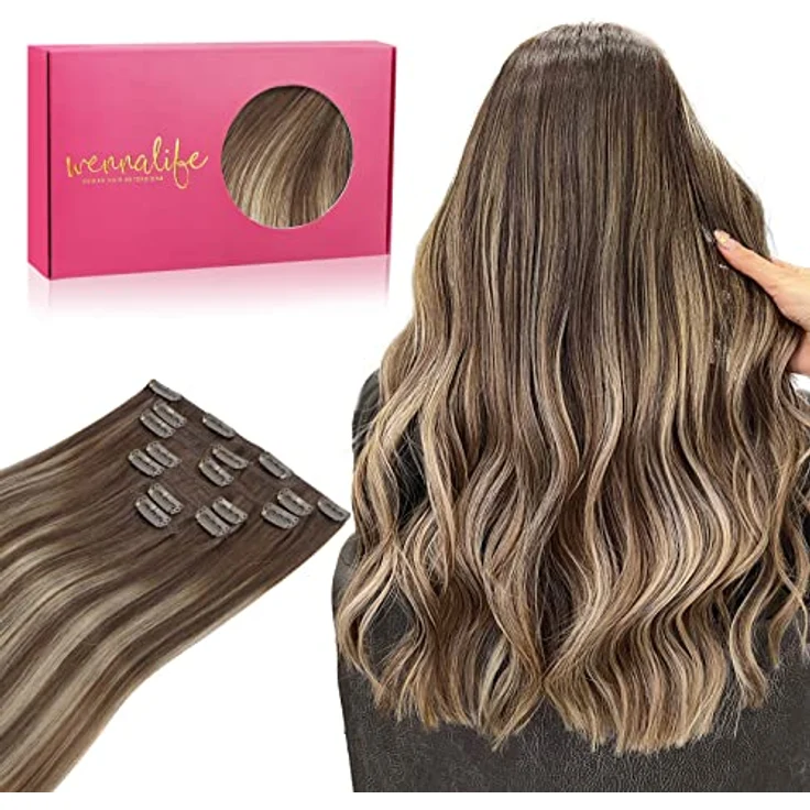 WENNALIFE Clip in Extensions Echthaar, 35cm 120g 7pcs Balayage Schokoladenbraun bis Honigblond, Remy Haarverlängerung – Bild 1