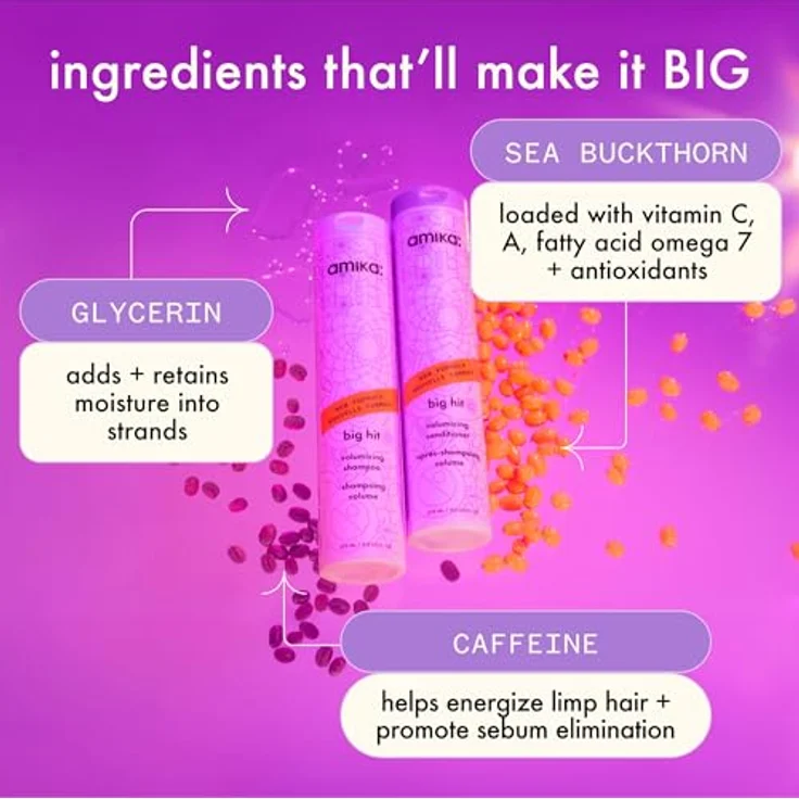 amika Big Hit Volumizing Conditioner 275 ml, Haarspülung für feines bis mittleres Haar, langanhaltendes Volumen mit Koffein & Glycerin, vegan – Bild 4