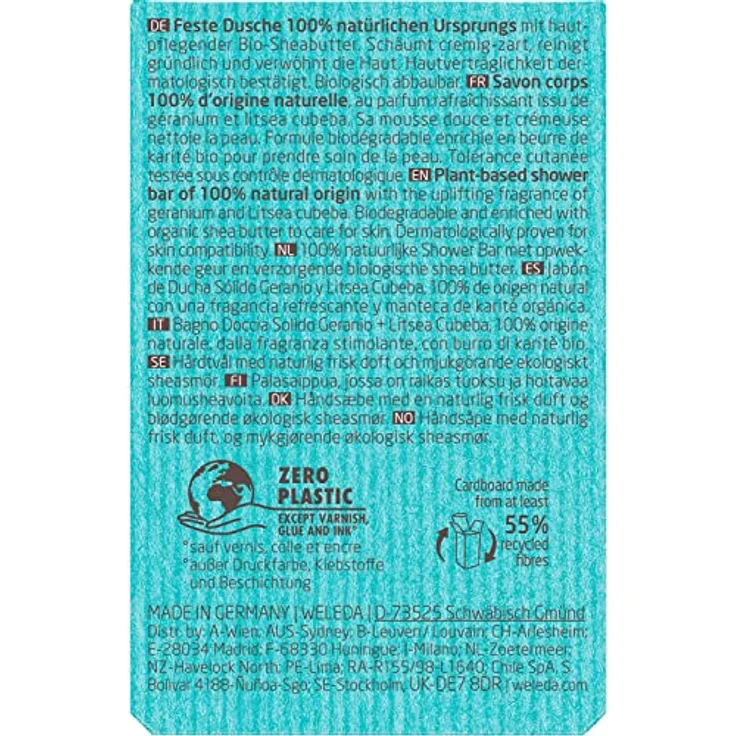 WELEDA Bio Festes Duschgel Geranium & Litsea Cubeba – feste Naturkosmetik Dusche mit Sheabutter & erfrischendem Duft. Natürliche Shower Bar Seife für Männer & Frauen. 100% Vegan & Plastikfrei (1x75g) – Bild 3