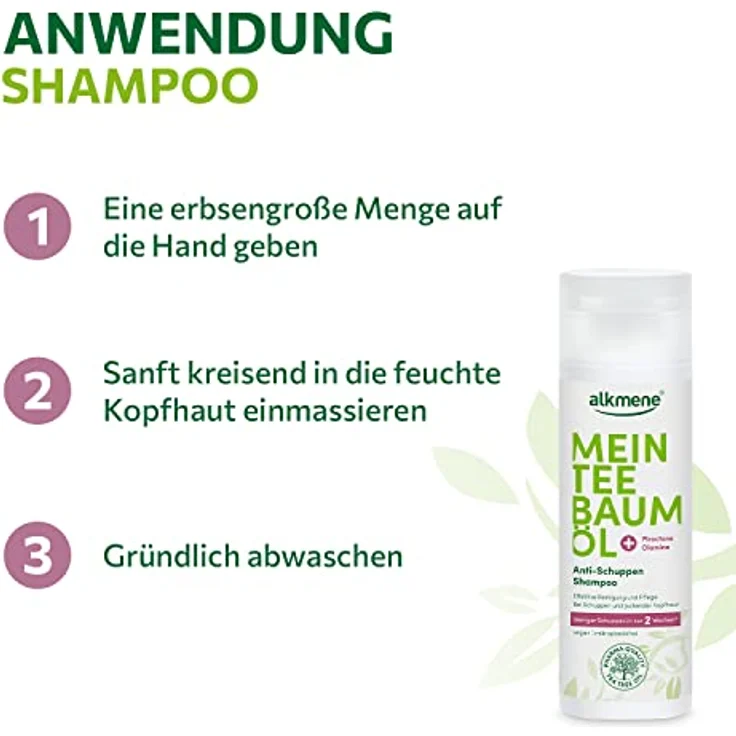 Alkmene Mein Teebaumöl Anti Schuppen Shampoo 200 ml - weniger Schuppen in 2 Wochen - naturreines Teebaumöl, vegan & klimaneutral - Shampoo gegen Schuppen & juckende Kopfhaut - Antischuppen Haarshampoo – Bild 4
