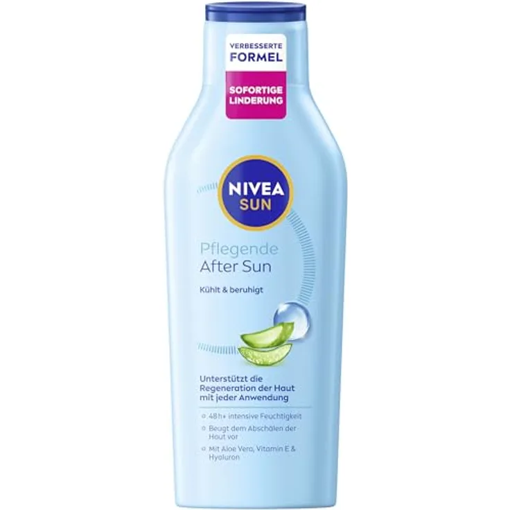 NIVEA SUN Pflegende After Sun Lotion, 400 ml mit Bio-Aloe Vera, Vitamin E & Hyaluron für 48h Feuchtigkeit, hautberuhigende Wirkung