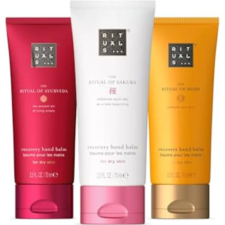 RITUALS Hand Balm Trio The Rituals of Sakura, Mehr & Ayurveda – Geschenkset mit 3 Handcremes – Handcreme Set mit 97% Inhaltsstoffen natürlichen Ursprungs – 3 x 70 ml