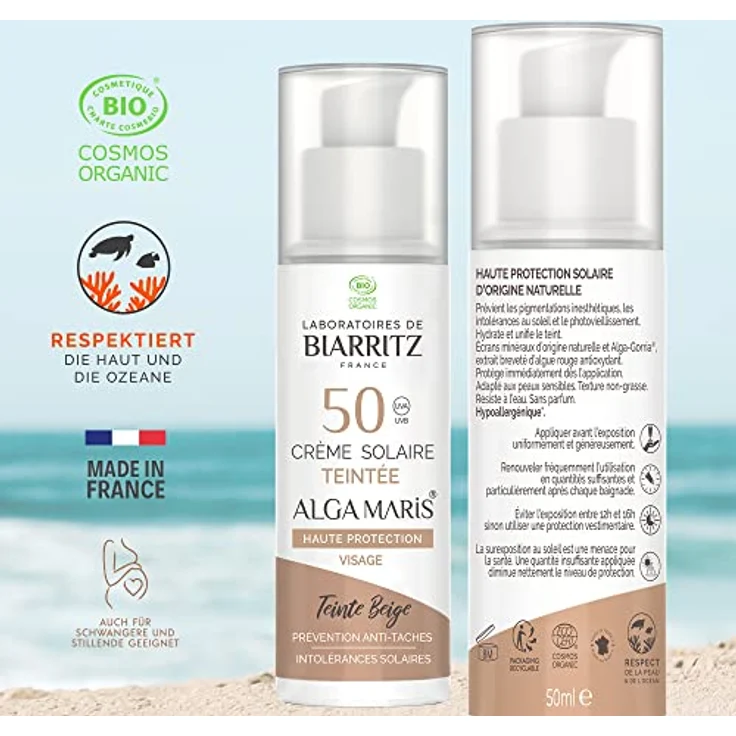 Laboratoires de Biarritz - Getönte Sonnencreme Gesicht - Beige - LSF50 ALGA MARIS® Bio-zertifiziert - Hydriert, mattiert, sorgt für ein gesundes Strahlen - 50 ml - Made in France – Bild 2